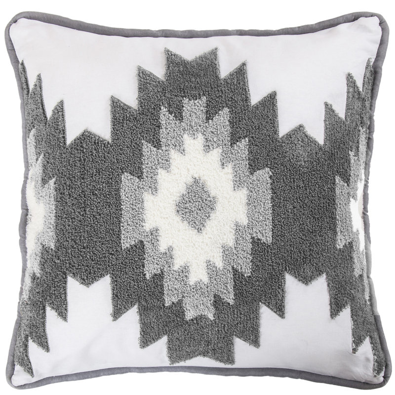Gray and White Cotton Embroidered Square Throw Pillow