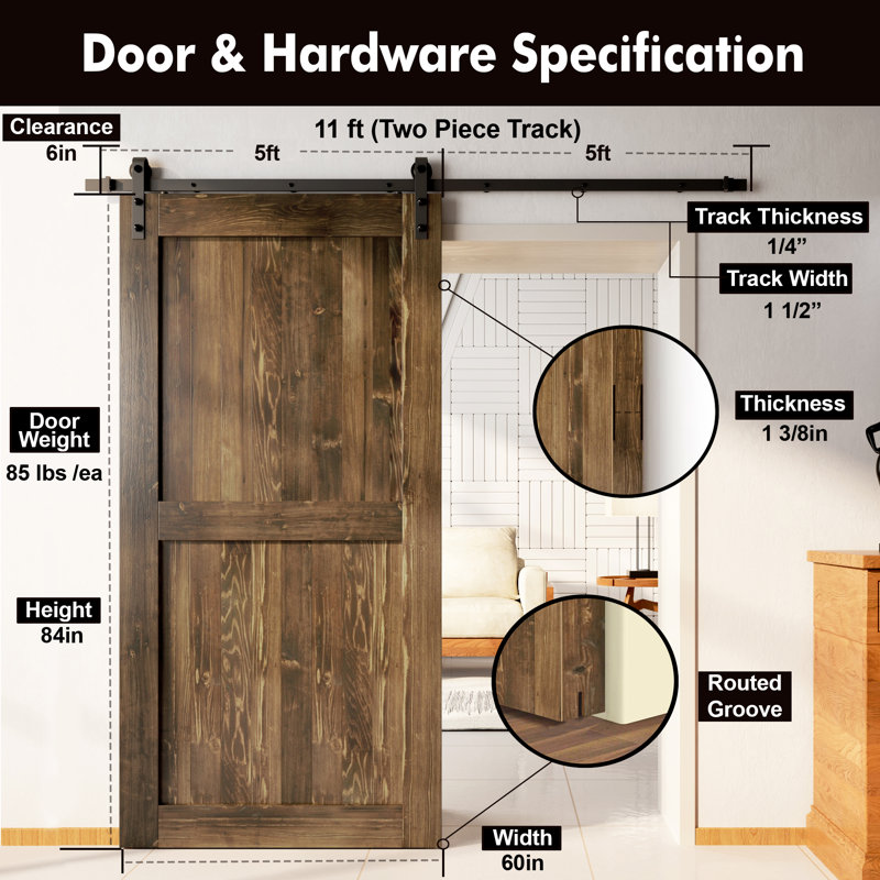 Porte en bois de pin massif non assemblé avec design H rustique noir H Design, Noyer foncé, 60 po x 84 po