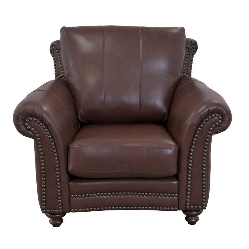 Stephie 46" Genuine Leather Rolled Arm Club Chair, Berkshire Dark Brown Genuine Leather