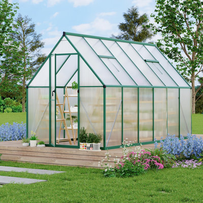 Serre en polycarbonate vert robuste de 6 pi x 11 pi avec grande structure en aluminium, portes verrouillables doubles, évent de toit et piquets de sol