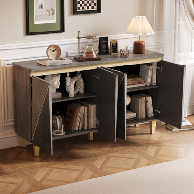 Buffet rétro 60 "avec portes à deux tons, effet dimensionnel et armoire de rangement pour trous de câbles, épaisseur de panneau irrégulière audacieuse, tablettes réglables