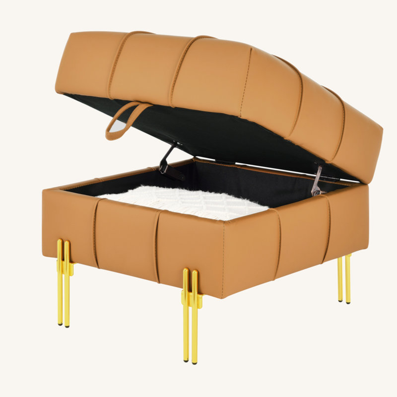 22" Pet-Friendly Anti-Scratch Leather Storage Ottoman - Golden Stainless Steel Legs Entryway Bench, Orange 
