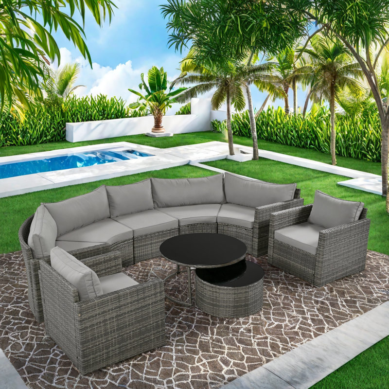 9-piece Outdoor Half-moon Wicker Conversation Sets With 1 Nesting Coffee Table And Tempered Glass Top