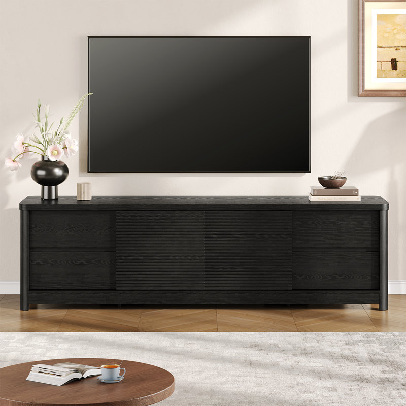 Meuble télé 68 po avec 4 tiroirs et portes coulissantes, meuble télé en bois avec compartiment Power Strip, Noir