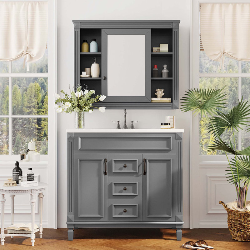 Meuble-lavabo de 36 po avec lavabo supérieur, armoire à miroir, armoire de rangement moderne avec 2 portes à fermeture douce et 2 tiroirs, meuble-lavabo simple