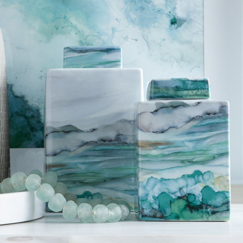 Green and White Porcelain Abstract Landscape Decorative Jar