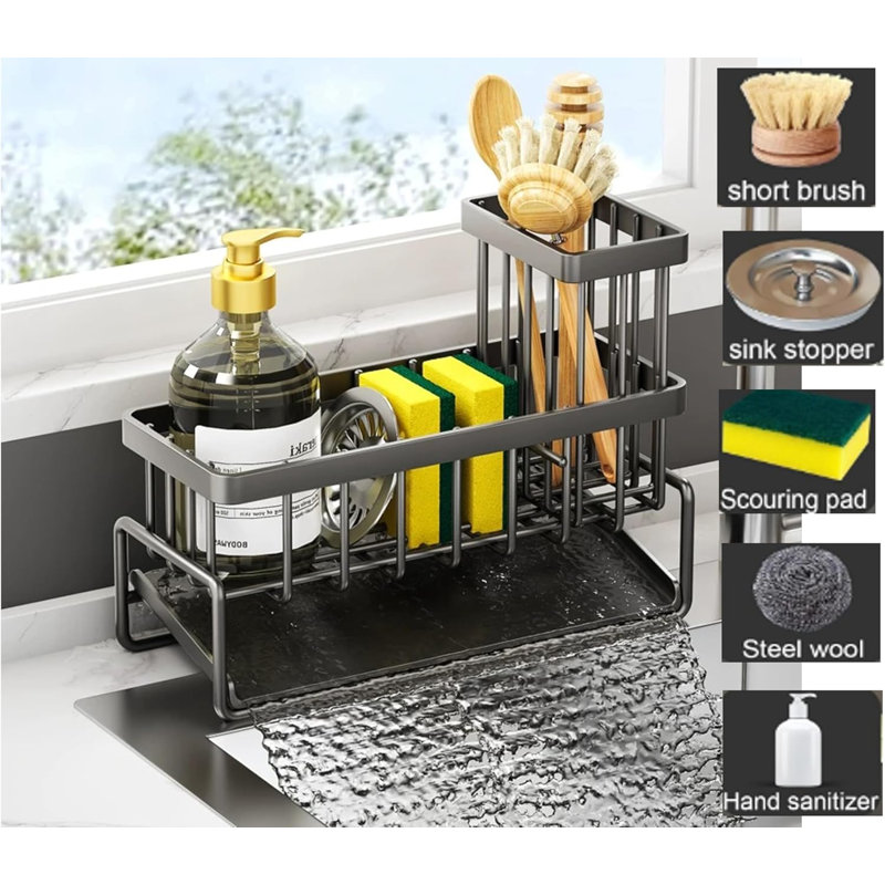 Porte-évier de cuisine en acier inoxydable avec porte-brosse amovible, organisateur d'éponge et d'épurateur, distributeur de savon et support à brosse haute pour le comptoir ou le rangement de la salle de bain