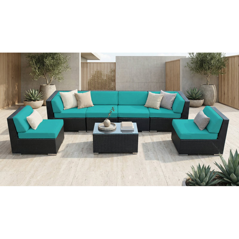 Barneveld Wicker 6 - Person Seating Group with Cushions - No Assembly, Black, Turquoise Supercrylic
