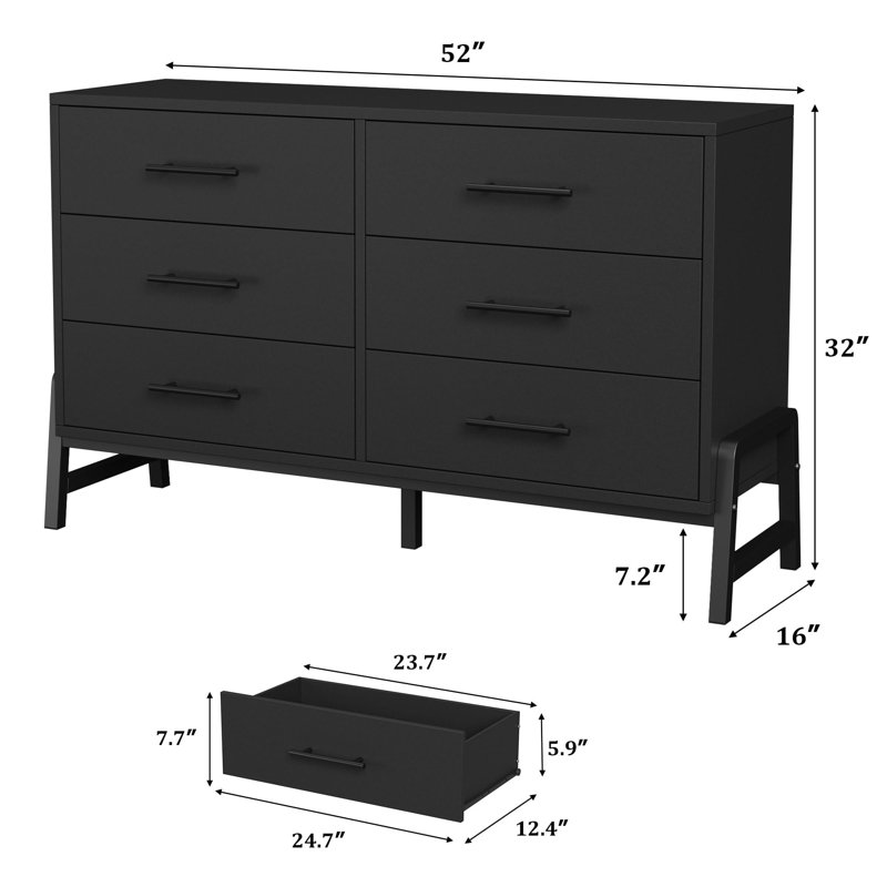 6 Dresser for Bedroom, 52 in Wide Drawer with Large Storage Space, Black