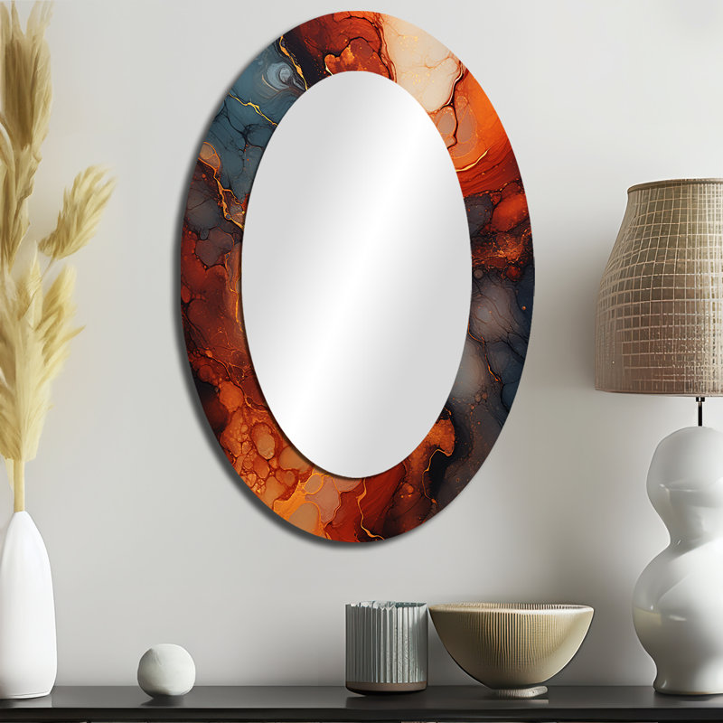 Molte Muse Fiery Flame I - grand miroir mural ovale sur métal, 36 po x 24 po