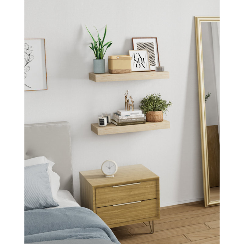 Earnhardt Painted Wood Floating Shelves, Bathroom Wall Shelves 2 Inches Thick, 2" H x 36" W x 8" D, Oak Wood