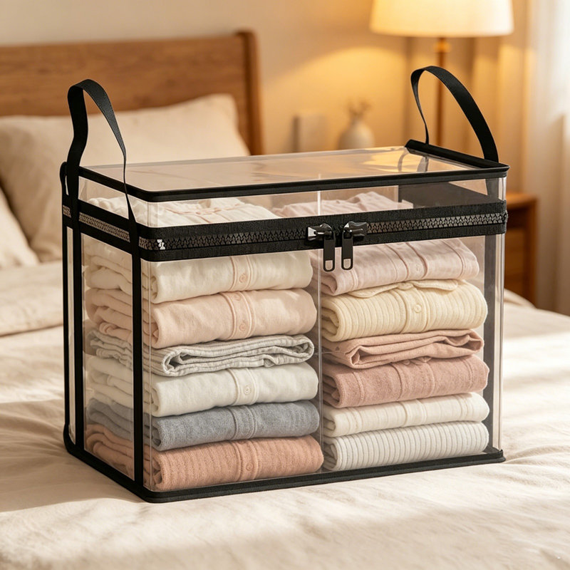 Clear PVC Storage Organizer Bin Foldable Transparent Clothes Storage Box With Zipper  Reinforced Handles Waterproof Organizer For Clothing