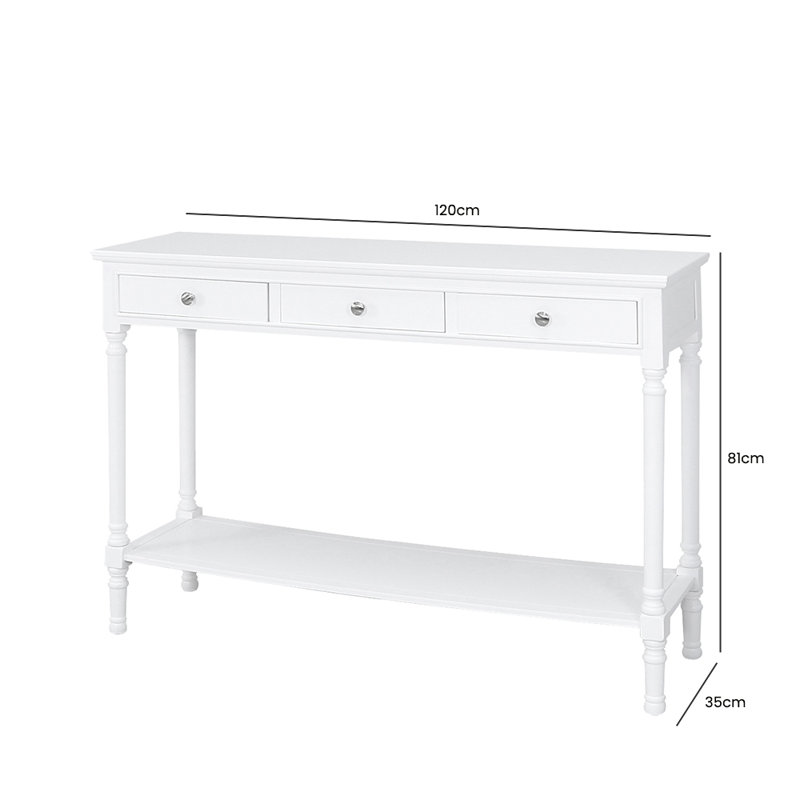 3 Drawer Console Table for Hallway & Living Room Furniture, Slim Entry Hall Table Cabinet, White, 81 H x 120 W x 35 D cm