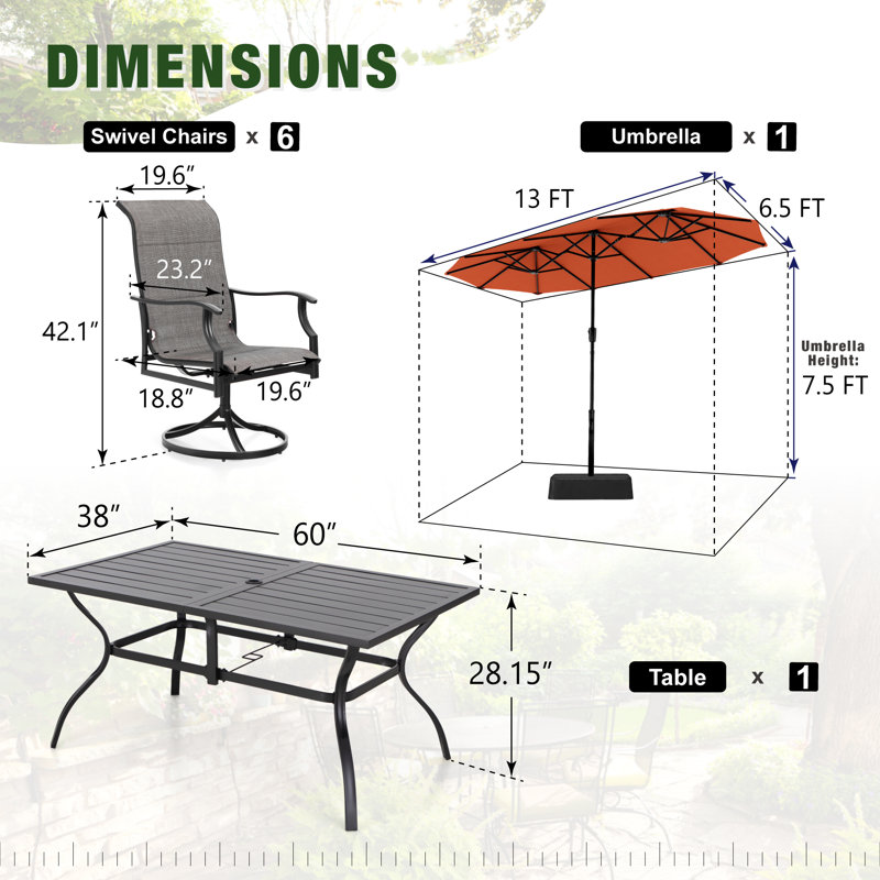 Ensemble repas 8 pièces avec parasol Leonard, Orange