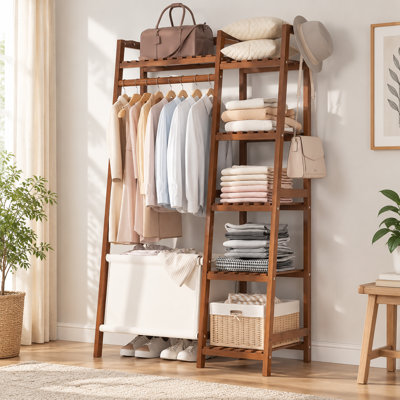  Bamboo Garment Rack with Hanging Rod, Multi-Tier Open Storage Shelves, Freestanding Clothes Organizer for Bedroom Entryway
