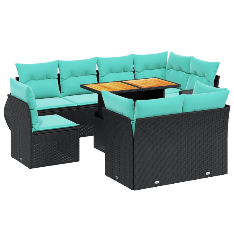  Ensemble de canapé de patio 9 pièces avec coussins en rotin de polyester, Noir, Vert