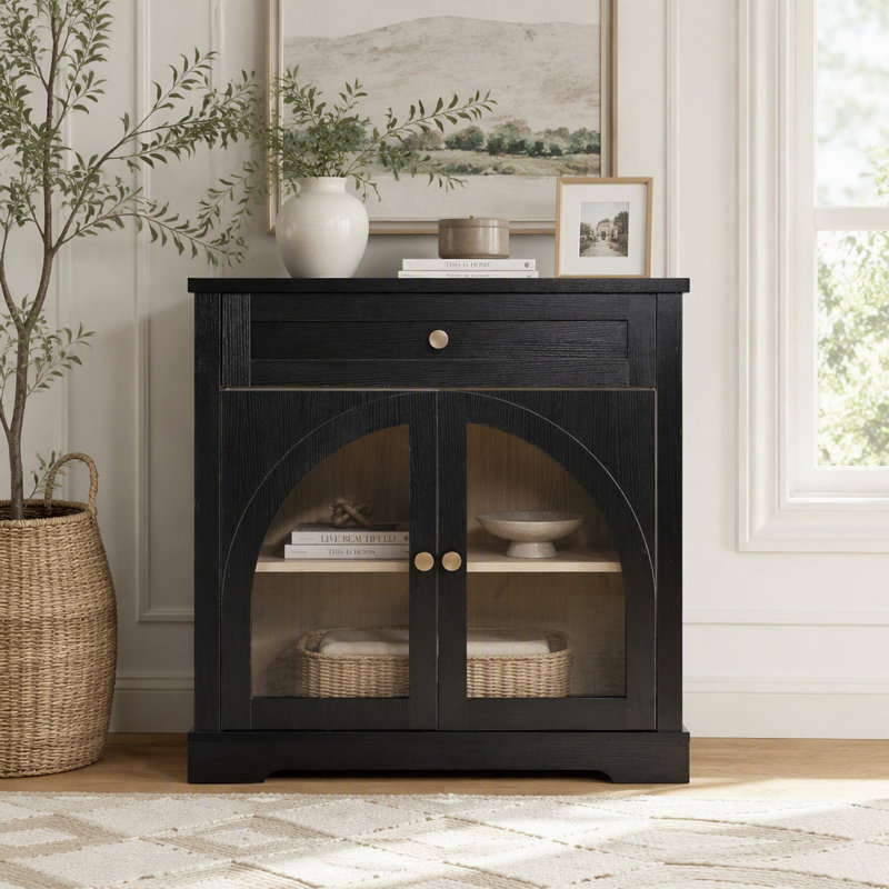 Buffet moderne avec portes vitrées cintrées et tablettes ajustables, Noir