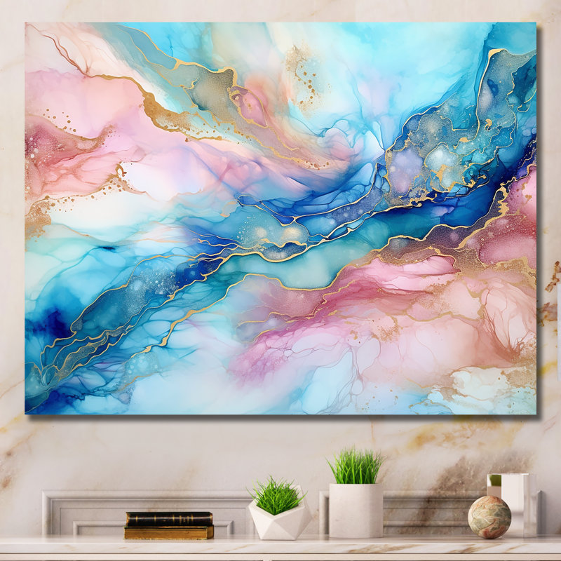 Rose et bleu Glacier Sunrise I - formes abstraites, art mural, H 12 po x l 20 po x P 1 po, Toile tendue