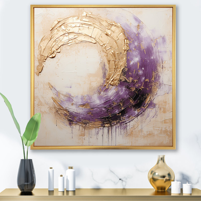 Or et spirale lunaire mauve - peinture abstraite, art mural, H 24 po x l 24 po x P 1 po, Cadre flottant doré