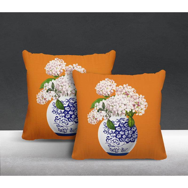  Coussin décoratif intérieur / extérieur floral, L 17 po x H 17 po, Orange