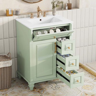 Meuble-lavabo autoportant avec comptoir en céramique, tiroir rabattable intégré, plusieurs tiroirs et compartiments de rangement, bois et panneau de fibres à densité moyenne