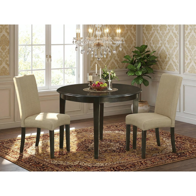 Ensemble de table de salle à manger 3 pièces pour petits espaces comprenant une table de cuisine ronde et 2 chaises de salle à manger Parson en tissu brun, cappuccino de 42 po x 42 po
