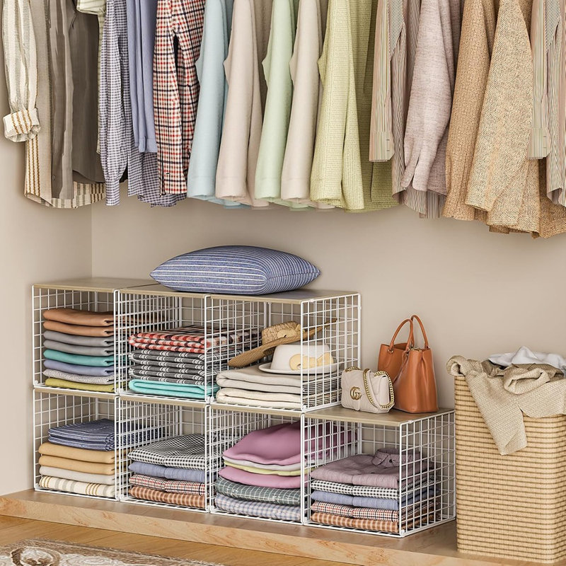 Organisateurs de placard empilables et rangement avec plateau en bois blanc, Blanc