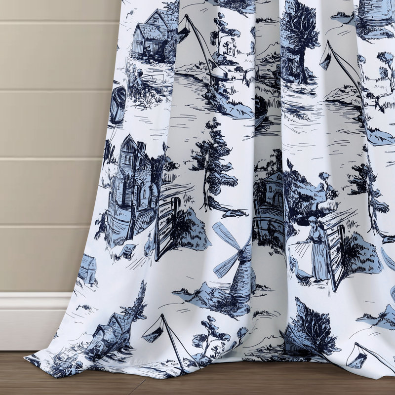 French Country Toile Room Darkening Curtain Pair, 52" W x 95" L, White/Blue