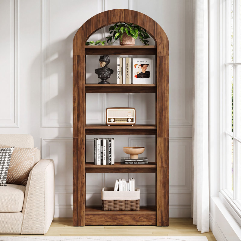 Bibliothèque cintrée à 5 niveaux de 180 cm de hauteur, tablette ouverte moderne pour bureau, chambre ou salon, Brown