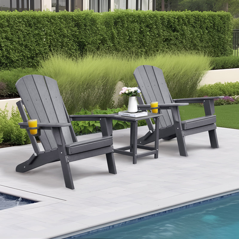 All-Weather High-Density Polyethylene (HDPE) Foldable Adirondack Chair With Table, Two-Piece Set, Gray
