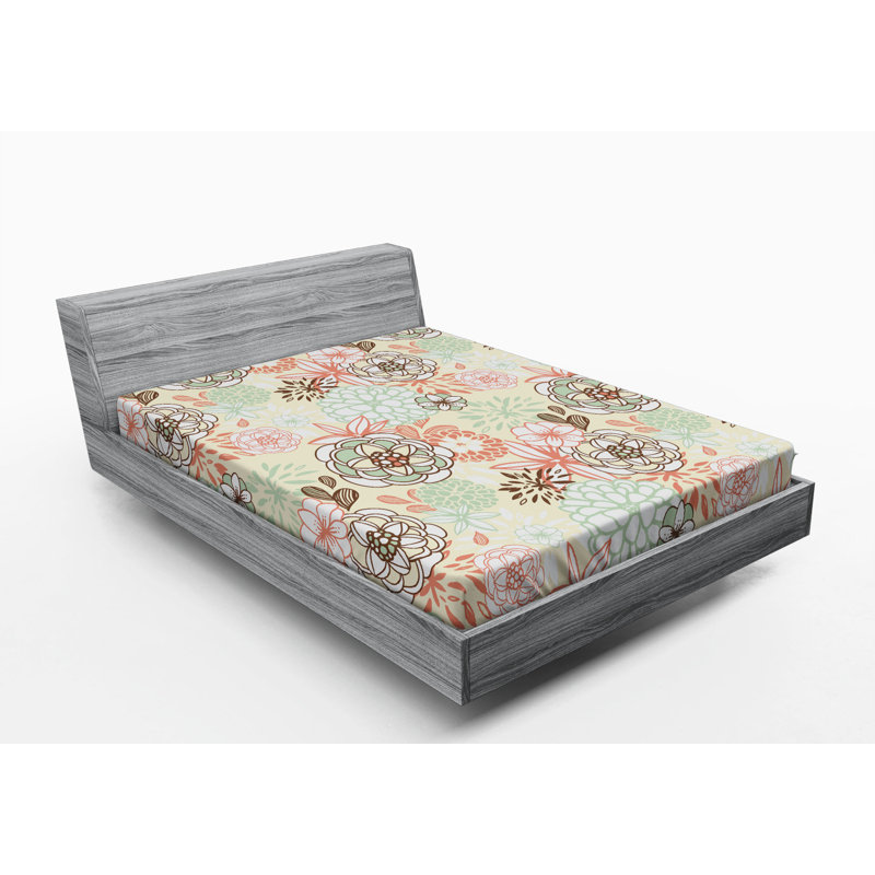 Microfiber Floral Fitted Sheet, Full Fitted Sheet, Tan/Orange Floral 2