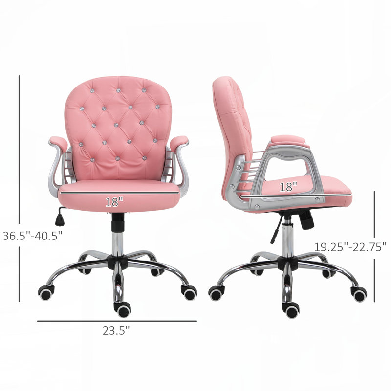 PU Leather Home Office Chair,Button Tufted Desk Chair with Padded Armrests,Adjustable Height and Swivel Wheels,Pink, Pink