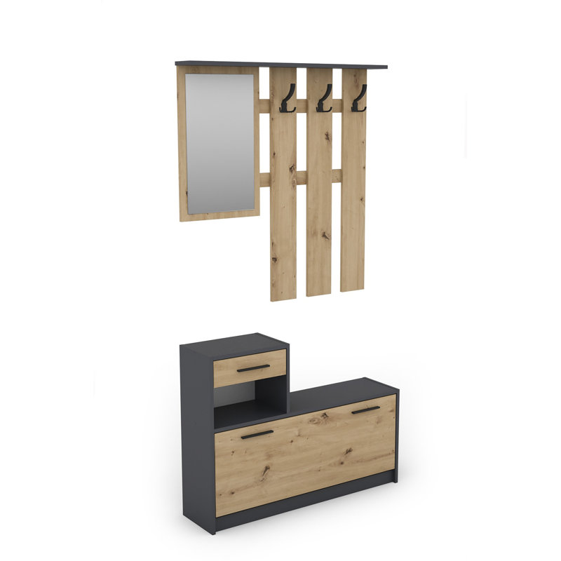 Taskın Hall Tree 97cm Wide with Bench and Shoe Storage, Anthracite/Artisan Oak