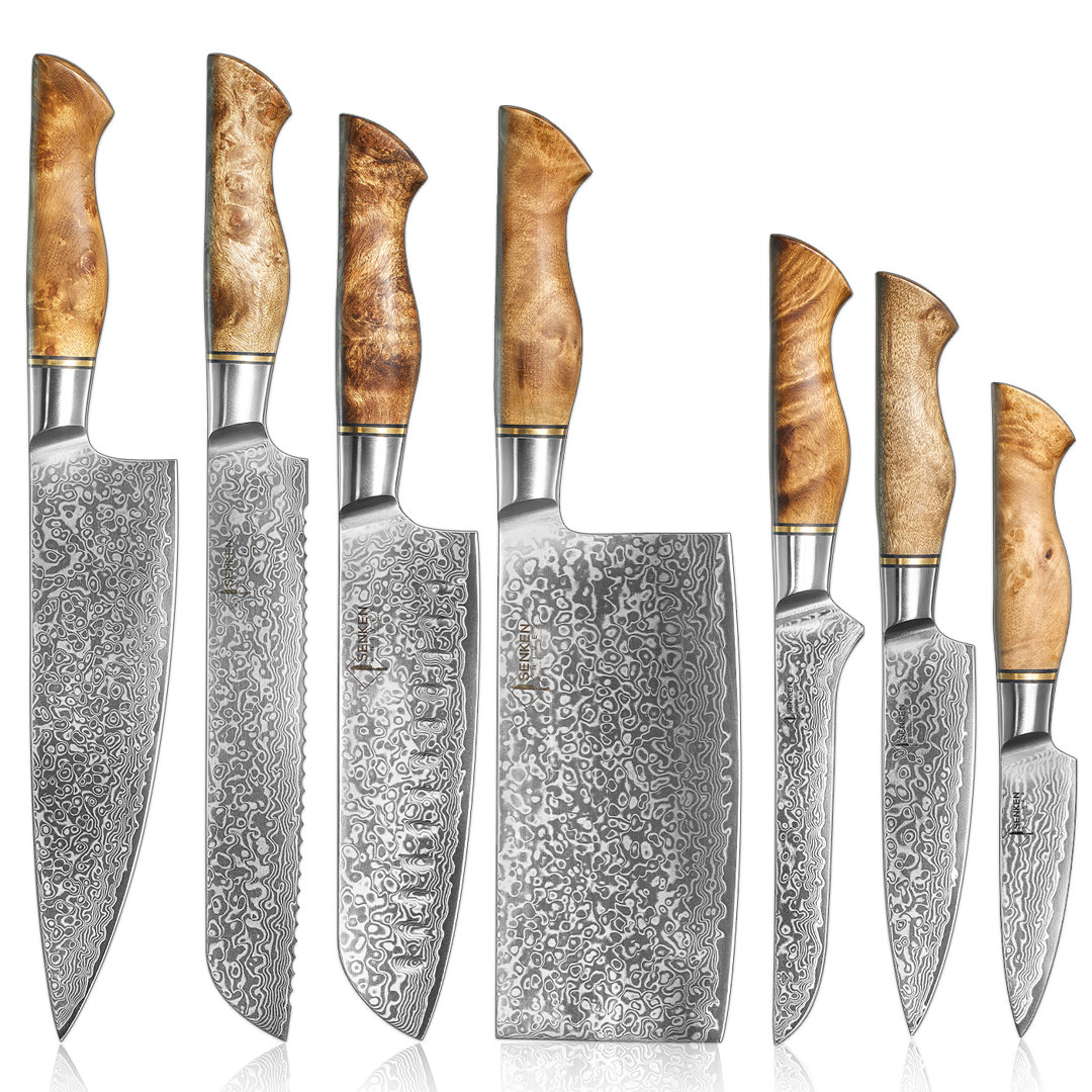 Senken Knives 7-Piece Damascus Steel Kitchen Knife Set - Dynasty Collection - 67-Layer Japanese VG10 Steel With Sycamore Wood Handles, Chef's Knife, Cleaver Knife, Bread, Santoku, Boning, & More, Luxury Gift Box Senken Knives