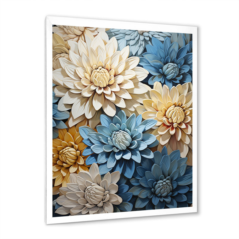 «Garden Bliss Mums» en blanc et bleu III sur toile, Cadre simple blanc, H 32 po x l 16 po x P 1 po