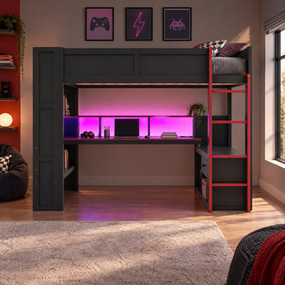 Lit mezzanine avec bureau intégré et station de charge