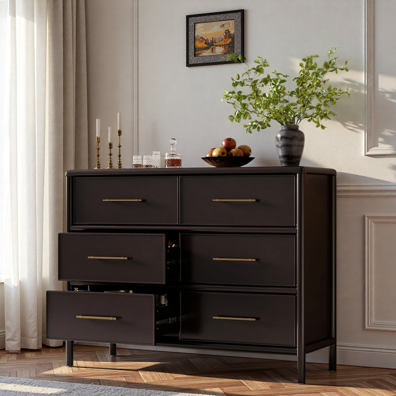 Commode avec 6 tiroirs et poignées dorées, Marron foncé