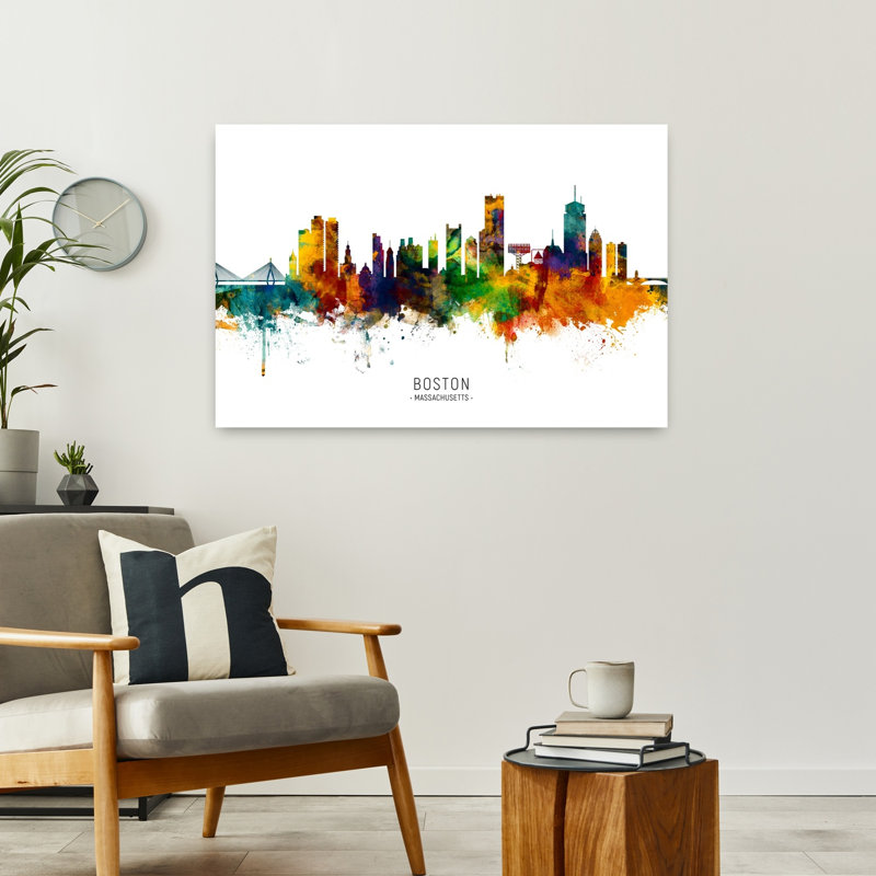 «Boston Watercolor Skyline Abstract Contemporary City Architecture», art mural, H 24 po x l 36 po