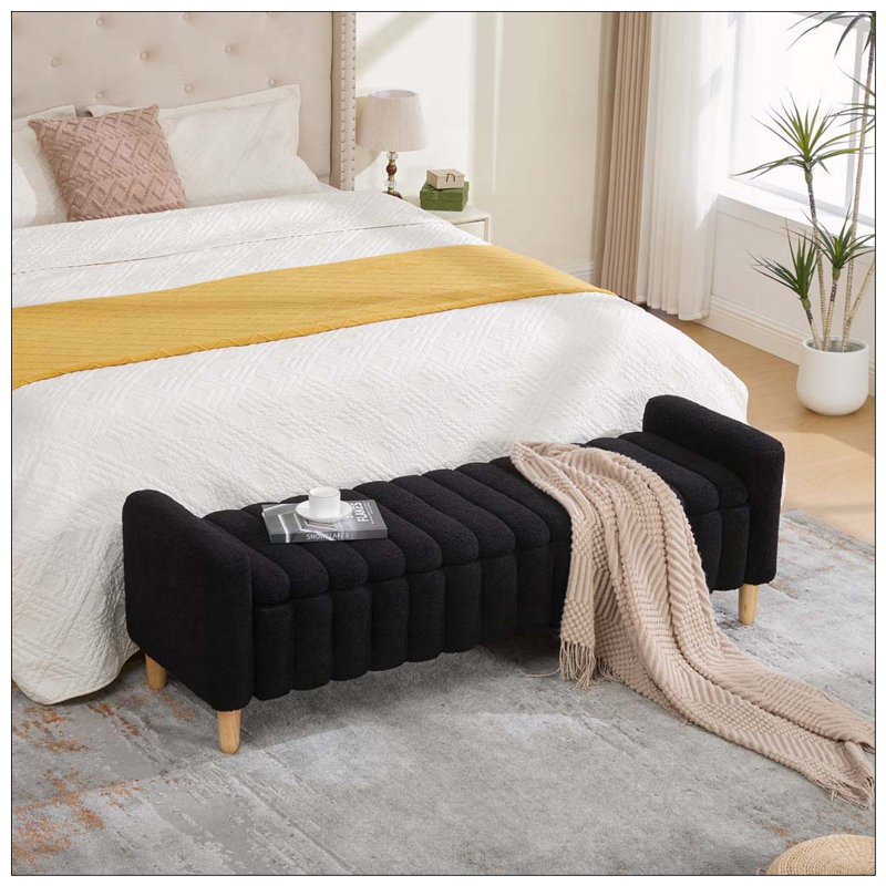 63.4"W Modern Upholstered End of Bed Bench, Wave Channel Tufted Flip-Top Storage Accent Window Footrest Stool with Armrests & Solid Wood Legs