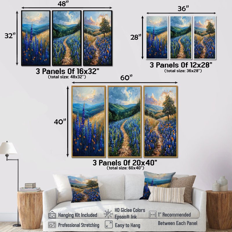 «Blue Green Meadow Charm Blue Bonnets I», collection d'art mural Blue Bonnets, H 28 po x l 36 po, Toile tendue