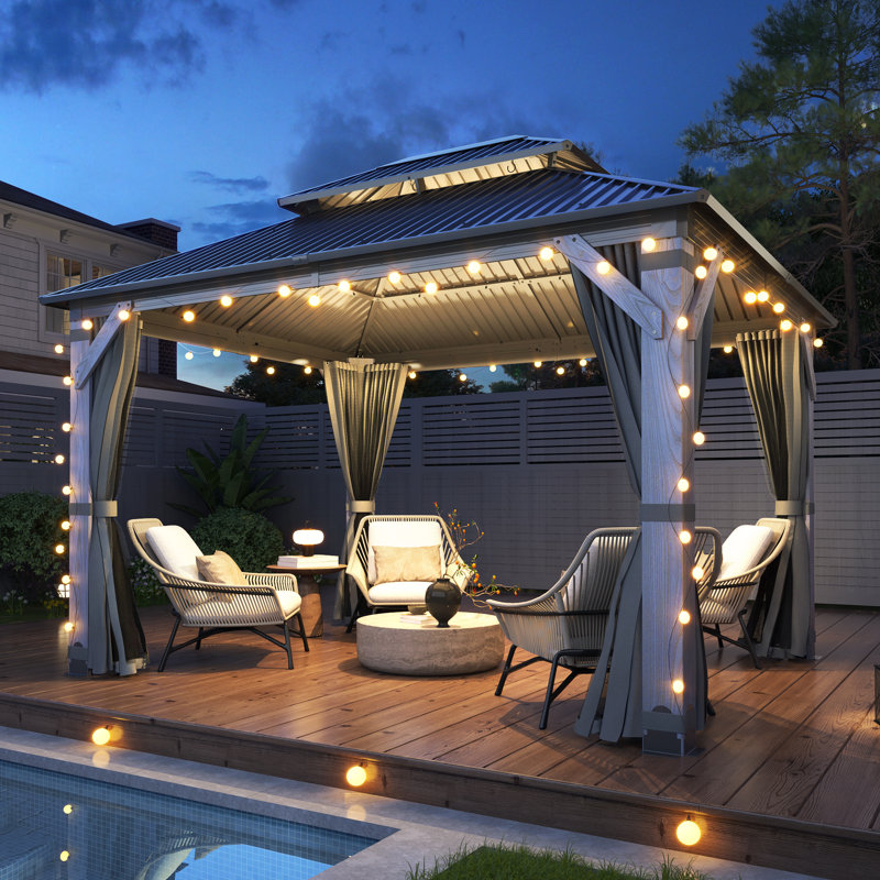 10 ft .W x 12 ft .D Outdoor Wood Gazebo, Hardtop Gazebo Permanent Cedar Wooden Gazebo with Galvanized Steel Double Roof, for Patio, Garden, Deck
