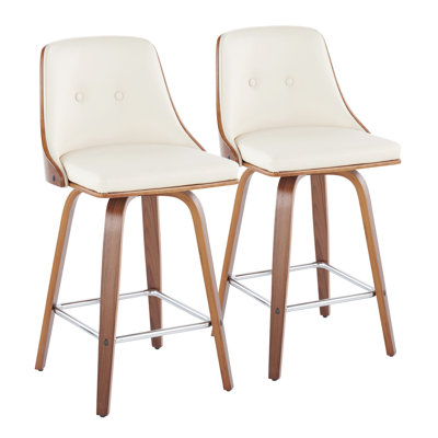 Tabouret de comptoir Mid-Century moderne à hauteur fixe avec pivot en bois de noyer et similicuir crème clair avec repose-pieds carré en métal chromé par - ensemble de 2