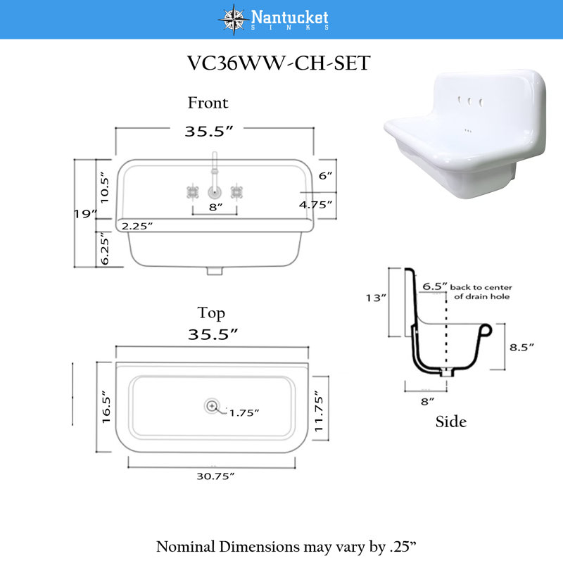 Fireclay Wallmount Bath Sink with Faucet, Drain and P-Trap Set, White/Chrome