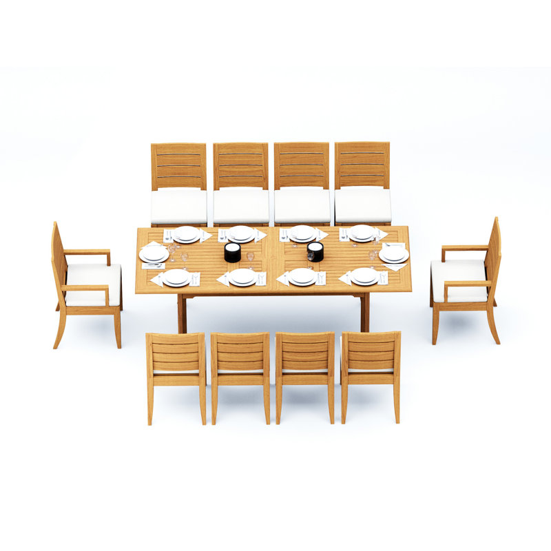 8 Seats 9 Pcs Grade-A Teak Wood Dining Set: 118" Double Extension Rectangle Table And 8 Atnas  Chairs (2 Arm & 6 Armless Chairs) #11AT2402