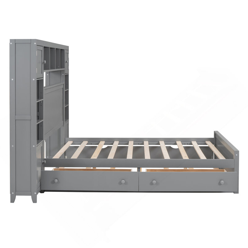 Lit double en bois avec armoire tout-en-un, tablette et prises, lit gigogne simple, Gris