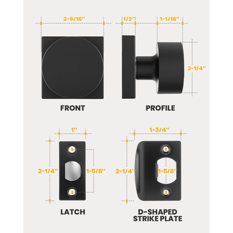 Intérieur de boutons de porte de passage noir mat, bouton de porte en alliage de zinc noir mat pour le couloir et le placard et le salon, fonction non verrouillable, réglable et réversible - paquet de 6