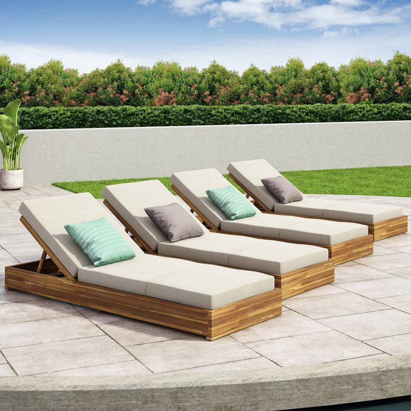 Beaubien Outdoor Wood Chaise Lounge, Cream/Teak, 4