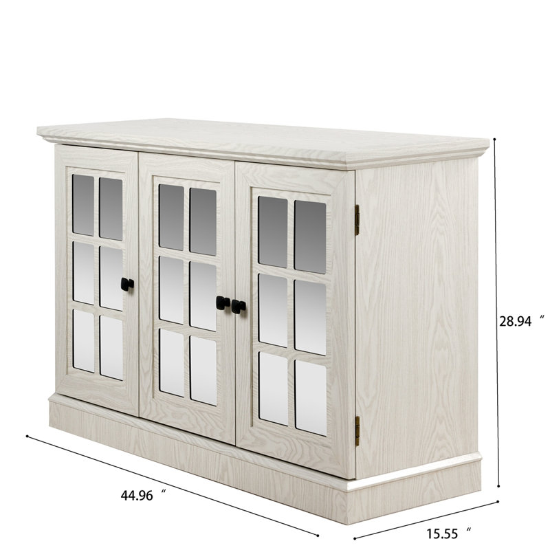 Armoire de rangement de 45 po de largeur avec 3 portes en miroir en acrylique, buffet avec tablettes réglables pour le salon, la salle à manger et la cuisine, fabriquée avec des stratifiés décoratifs et un support en panneau de fibres à densité moyenne