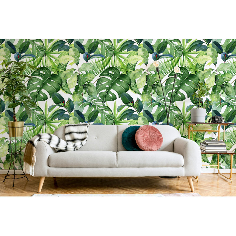 Tropical Green Leaf Botanical Wallpaper on White, 75"L x 112"W