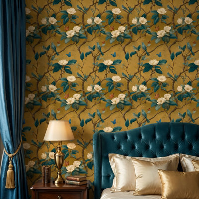 Papier peint branches chinoises rétro avec motif floral et oiseaux bleus
